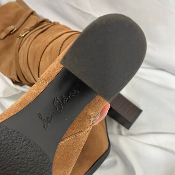 Sam Edelman Tan Suede OTK Boots 7 Leather Heel Wrap Strap Tall Zip Buckle - Picture 12 of 16